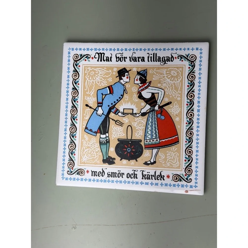 Vtg. Berggren Trayner Swedish Folk Art Tile Trivet Butter & Love Wall Decor 6 in